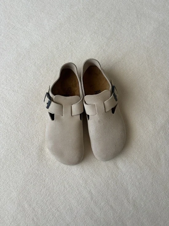 Birkenstock London Beige Suede Clog with Buckle - Picture 2 of 9